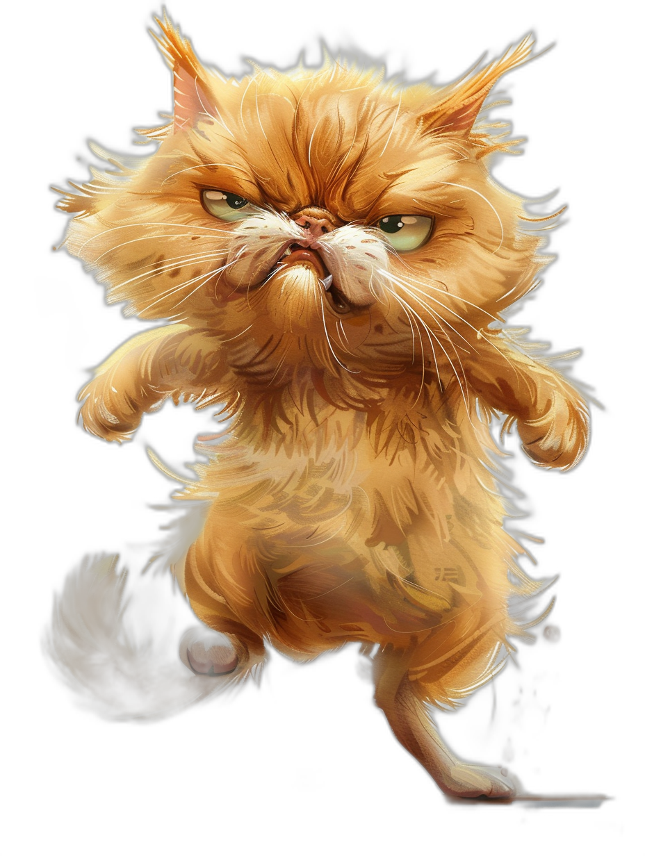 Persian cat with thick fur, brown color, snooty cartoon, caricature face, angry, full body, black background, digital painting and drawing in the style of [Artgerm](https://goo.gl/search?artist%20Artgerm)