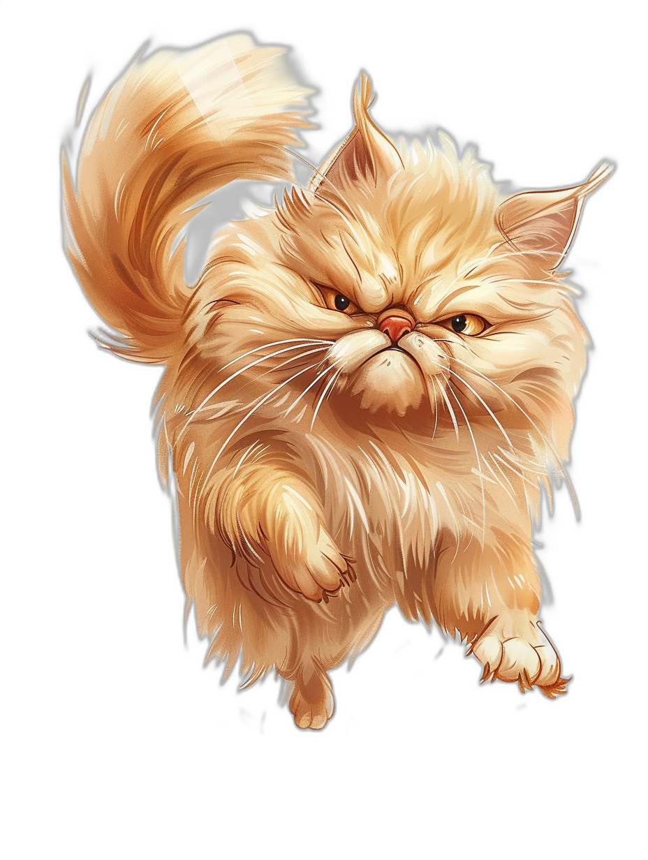 realistic digital illustration of an angry persian cat running, isolated on a black background, full body view, wide shot, in the style of ghibli studio and anime, cute character design