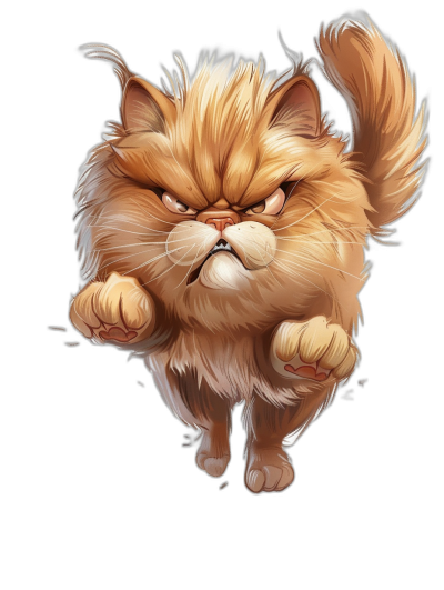 A Persian cat with an angry expression is running forward in the style of cartoon style in a full body shot on a black background. The 2D game art design is full of energy and dynamism with exaggerated movements. It is high resolution, colorful, with cute expressions and very detailed details. There is a strong light and shadow effect with high contrast creating a strong visual impact.