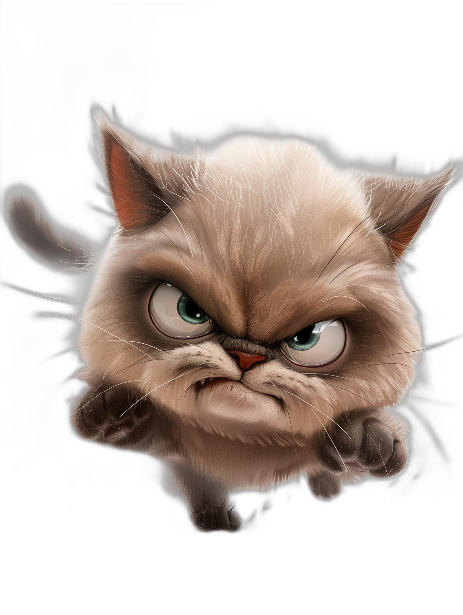 grumpy cat cartoon character in the style of digital art, with an angry expression in a flying action pose, isolated on a black background, at a high resolution