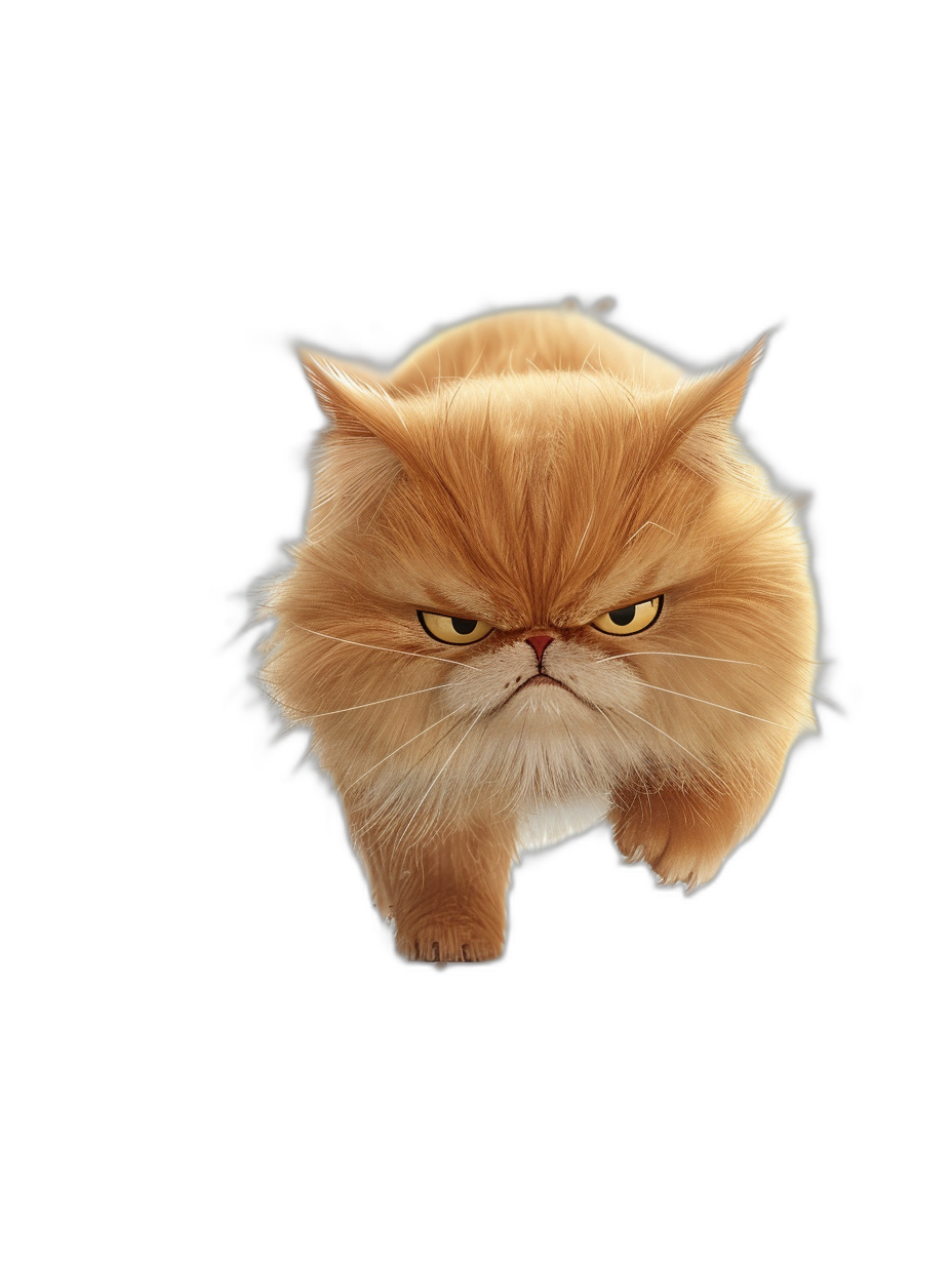 front view of funny angry persian cat, funny and cute, 3d render, isolated on black background, high resolution photography