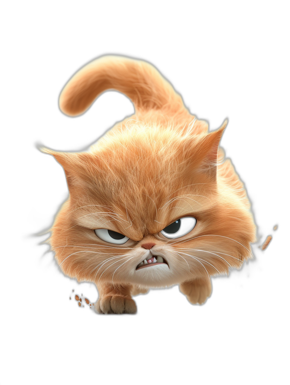 A cute cartoon grumpy orange cat, walking on all fours with an angry face, in the style of Pixar, on a black background, 3D render, high resolution, high detail, high quality, high definition, hyper realistic, hyper detailed.