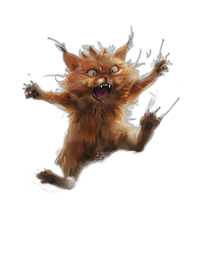 Character design of a crazy ginger cat with claws and sharp teeth jumping on a black background, digital art in the style of Pixar and Glen Fabry and [Ralph Steadman](https://goo.gl/search?artist%20Ralph%20Steadman).