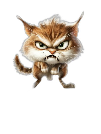 Fierce, angry cat cartoon character isolated on black background, in the style of caricature.