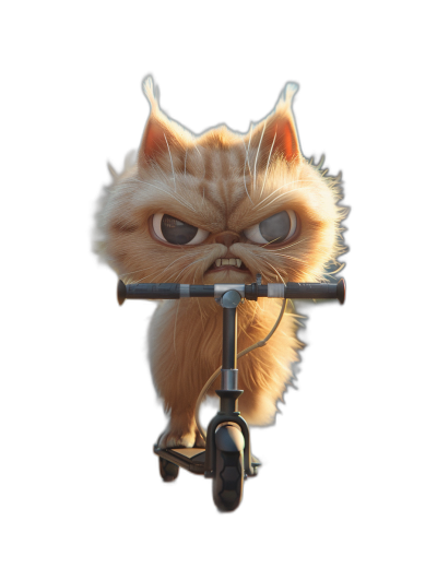 3D render of a cute Persian cat riding a scooter with an angry face, isolated on a black background, in the style of Pixar.