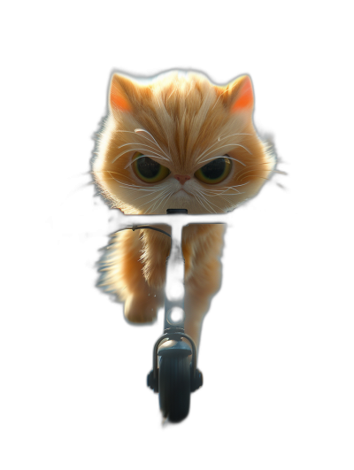 3D render of a cute cartoon cat riding a scooter on a black background, shown from the front at a low angle in a symmetrical and centered composition, with octane rendering, soft lighting and sharp focus creating a hyper realistic style.