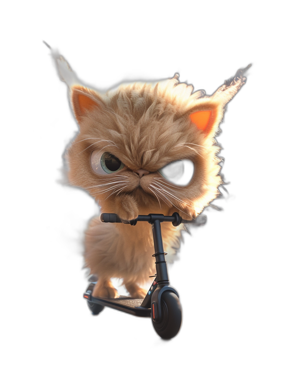 3D render of a cute cartoon Persian cat riding an electric scooter against a black background, with a funny expression, in the style of Pixar, with high resolution, rendered in Octane and the Unreal Engine 5.