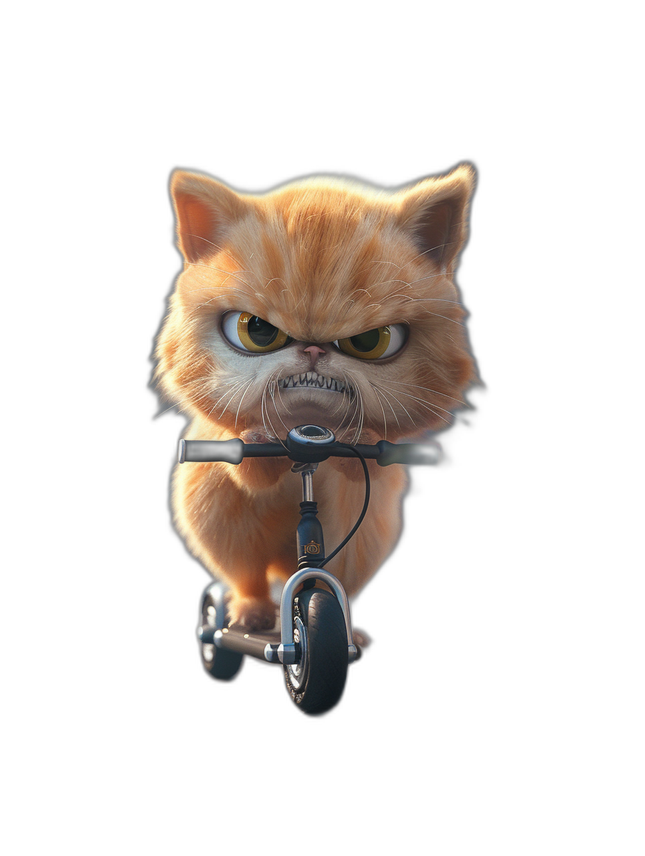 3D render of a cute Persian cat riding a scooter with an angry facial expression on a black background with studio lighting including rim lighting in a frontal shot.