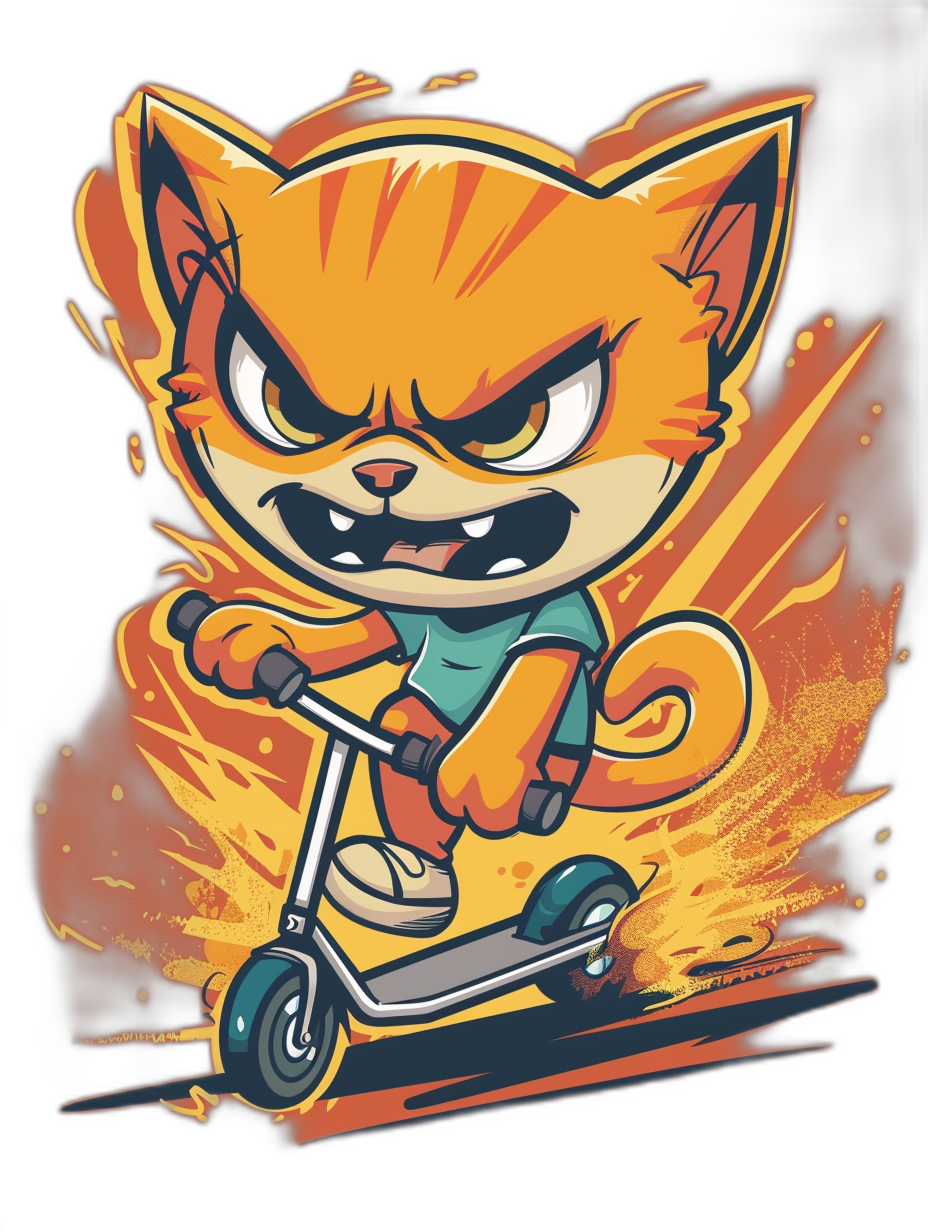 t-shirt design, angry orange cat riding electric scooter with flames behind it, vector art style, bold outline, cartoonish and cute, high contrast colors, bright lighting, vibrant background, detailed expressions of fun and excitement, high resolution