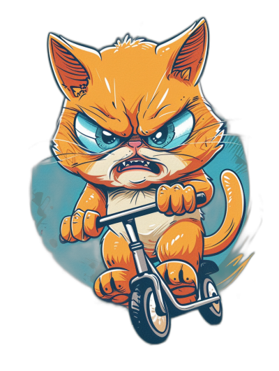 grumpy orange cat cartoon character riding scooter, with angry blue eyes, in the style of vector t-shirt design graphic, ultra detailed, isolated on a black background