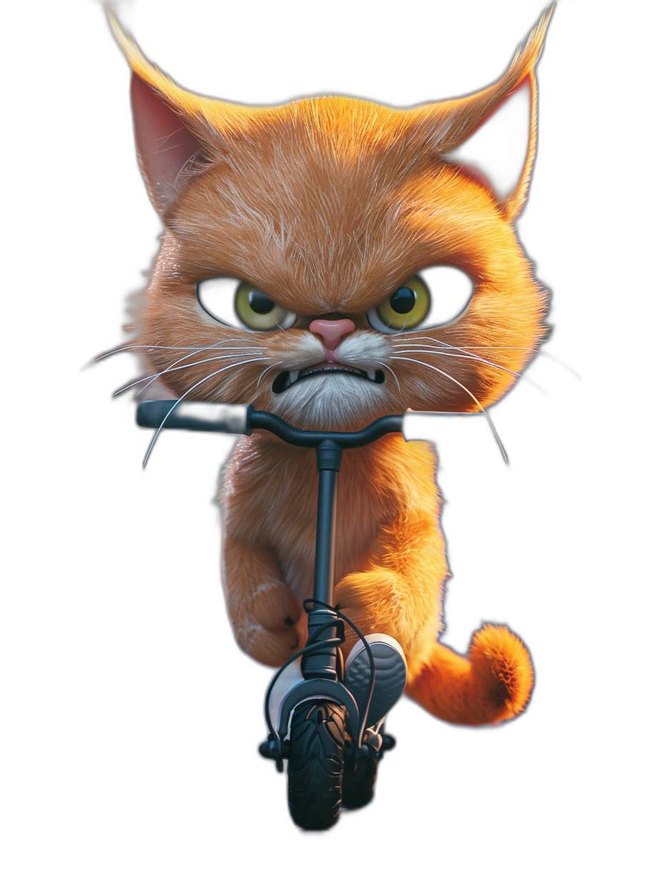 realistic cartoon illustration of an angry ginger cat riding on a scooter, black background, in the style of glamourous Pixar