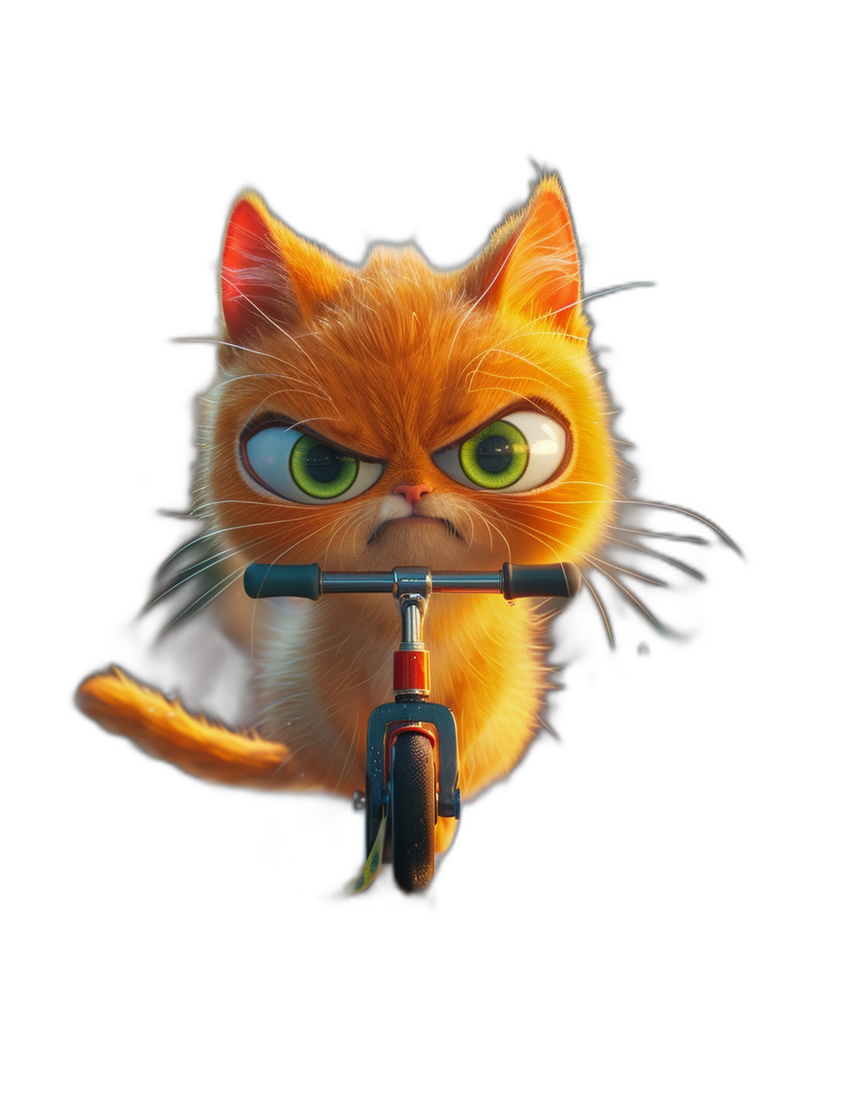 Cute orange cat riding on a scooter, with big eyes and an angry expression, on a black background, in the style of Pixar, in the style of Disney, in the Pixar animation cartoon character design style.