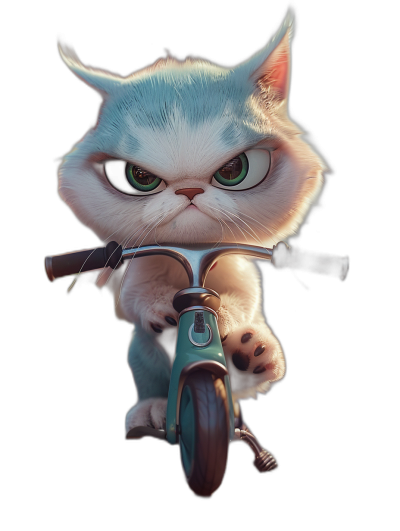 realistic cartoon illustration of grumpy cat riding an e-bike, black background, detailed character design in the style of Pixar animation, hyper-realistic illustrations, soft gradients, in the style of disney animation, Disney's artstation