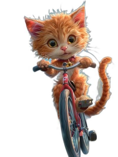 digital art of a cute kitten, wearing a red collar, riding on a bicycle with a black background, with fluffy and soft fur, big bright eyes, a plump body, cinematic lighting, a full length shot, in the style of Pixar, highly detailed