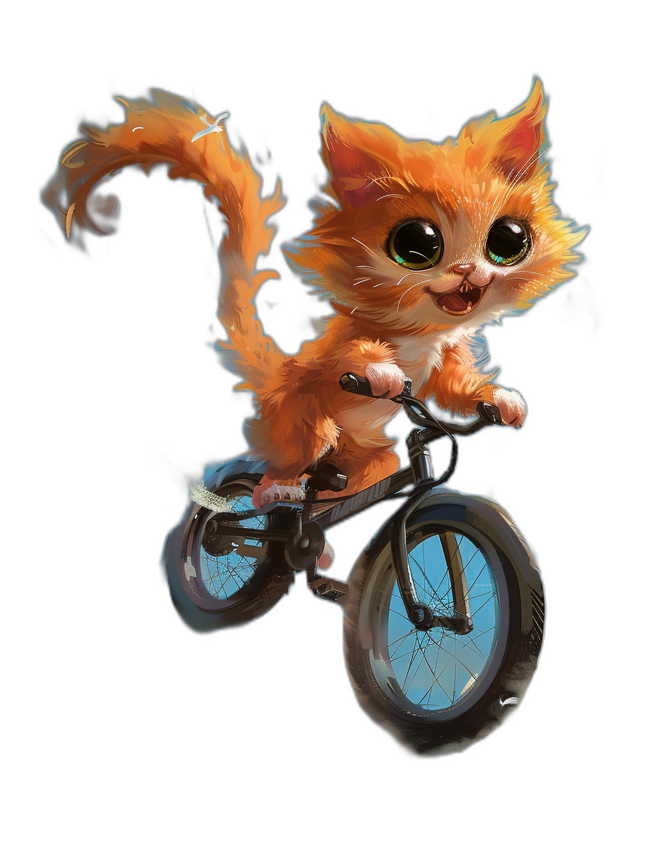 Cute cat riding on bicycle, concept art by Pixar studio, black background, digital painting, cute and happy face expression, big eyes with eyelashes, tail in the air, front view full body, character design for game asset