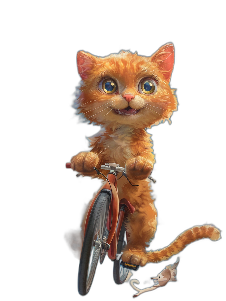 A cute orange cat is riding on a bicycle with a happy expression and big eyes against a black background. The style is similar to Disney with Pixar-like animation and character design showing the full body in a wide-angle shot with studio lighting and natural colors at high resolution, details, and quality.