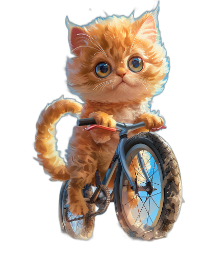 Cute orange cat riding on a bicycle, with big eyes and blue pupils, in the style of cartoon, on a black background, with colorful cartoon characters, as a full body portrait, in the style of ArtStation and Disney Pixar.