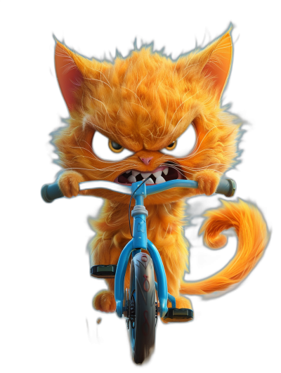 angry orange cat on blue bike, black background, in the style of Disney, cute, fluffy fur, full body, big eyes, fluffy tail, red and yellow color scheme, high resolution, sharp focus, high detail