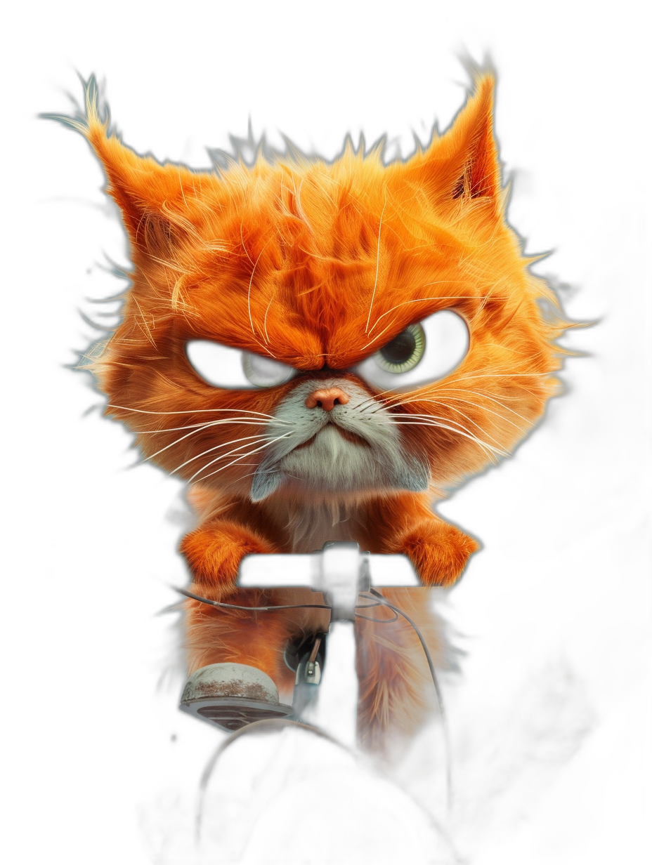 grumpy orange cat on bicycle, in the style of Pixar, cartoon look, black background, octane render, full body portrait, cute