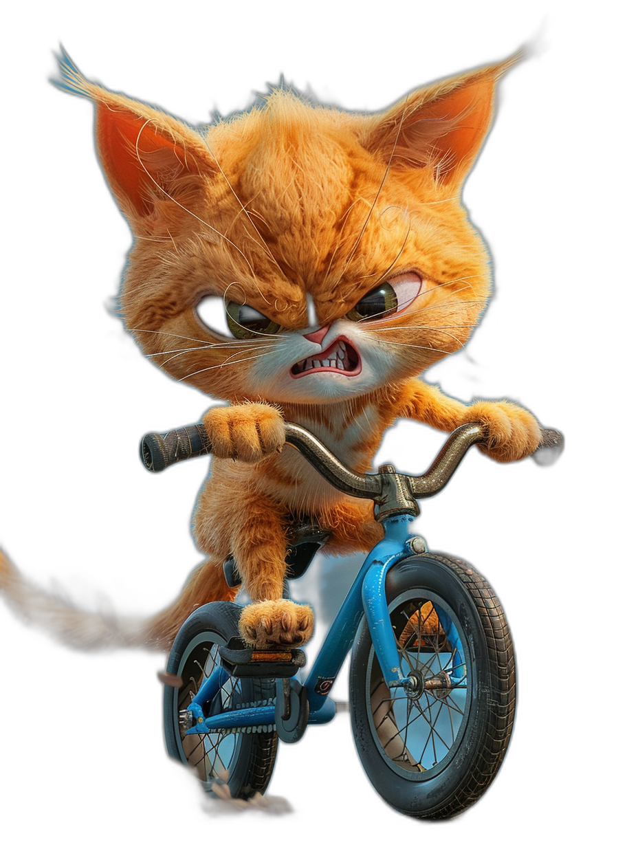 A cute orange cat riding on a blue bicycle, an angry face, in the style of cartoon, black background, in the style of Pixar render, in the style of unreal engine 5