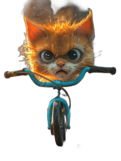 A cute orange cat with blue eyes on the front of a bicycle, fire coming from its mouth and hair flying in the air, in the cartoon style, isolated on a black background, in the hyper realistic digital art style, in a cinematic shot.