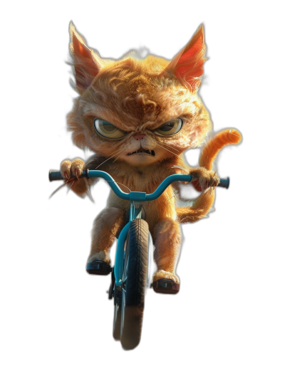 Character design of an angry ginger cat riding on a blue bike, in the style of Pixar, black background, 3D render, octane rendering, high resolution, hyper-realistic details, cute and adorable