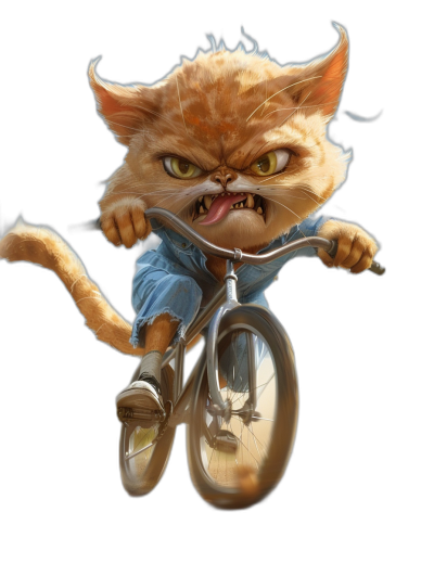 realistic digital art of an angry ginger cat riding on the front wheel of bicycle, wearing blue jeans and white sneakers with tongue sticking out, black background, pixar style