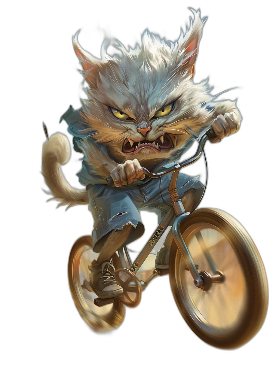 realistic digital fantasy illustration of an angry cat riding on the front wheel of a bicycle, wearing a blue t-shirt and jean shorts with white sneakers, black background, golden yellow eyes, sharp teeth, gold metal frame in back against the bicycle wheels, full body view from head to toe, low angle shot, ultra detailed, sharp focus, sharp lighting, volumetric light, cinematic style.