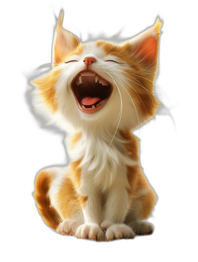 Cute cartoon style drawing of a happy smiling orange and white kitten laughing with its mouth open in the air on a black background, full body with detailed fur texture. A digital art in the style of Disney Pixar studio, a digital illustration in the style of [Artgerm](https://goo.gl/search?artist%20Artgerm), a concept design in the style of [WLOP](https://goo.gl/search?artist%20WLOP), a cinematic shot from a movie, high resolution.