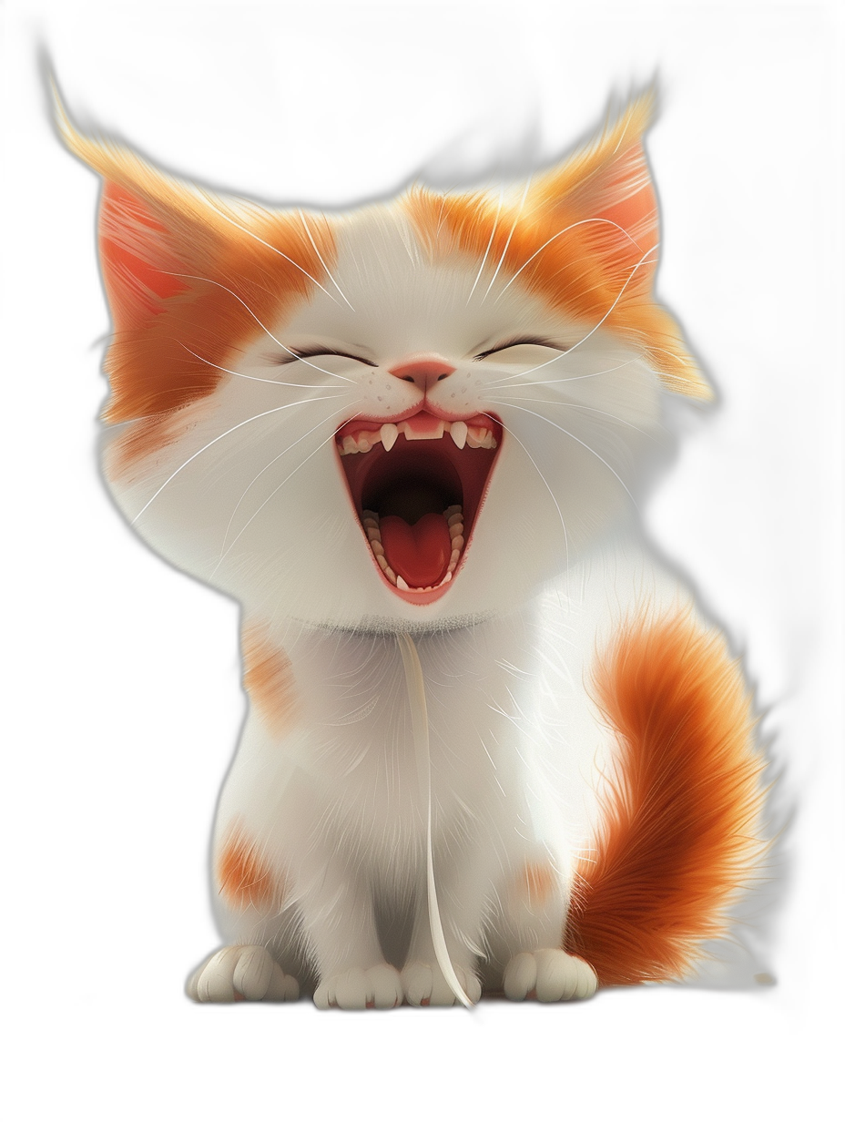 smiling cute kitten with white and orange fur, long hair blowing in the wind, mouth open showing teeth, black background, cartoon style, digital art in the style of Pixar