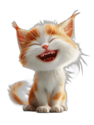 A cute, happy smiling orange and white kitten in the style of Pixar, on a black background, with octane render, in high resolution photography, with insanely detailed.