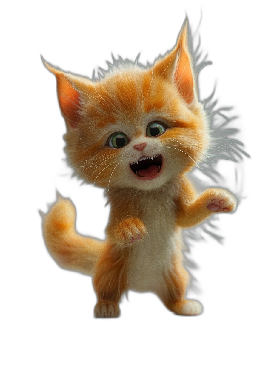 3D render of a cute happy ginger cat, jumping and smiling, in the style of Pixar, black background, cartoon character design sheet, cute fluffy fur,