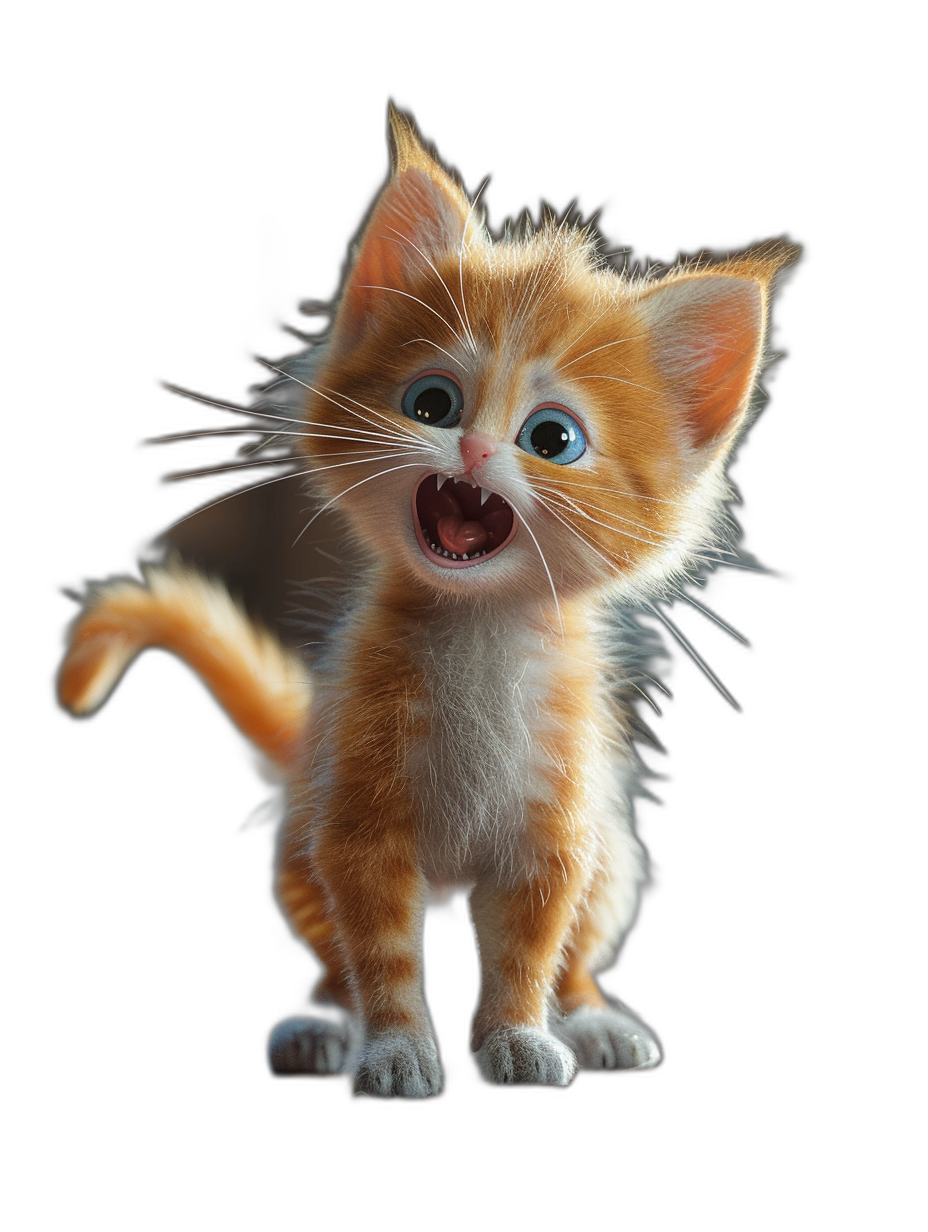 3D render of a cute happy ginger kitten isolated on a black background, in the style of Pixar, Disney cartoon style, octane rendering, studio light, hyper realistic