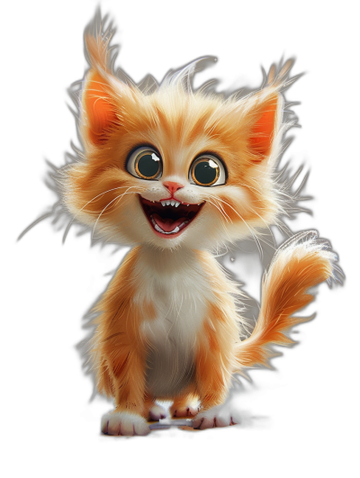 A cute happy orange and white kitten with big eyes, smiling and laughing with teeth showing, full body, detailed fur on skin, detailed hair, on a black background, concept art in the style of Pixar studio, digital painting, cartoon style, high resolution.