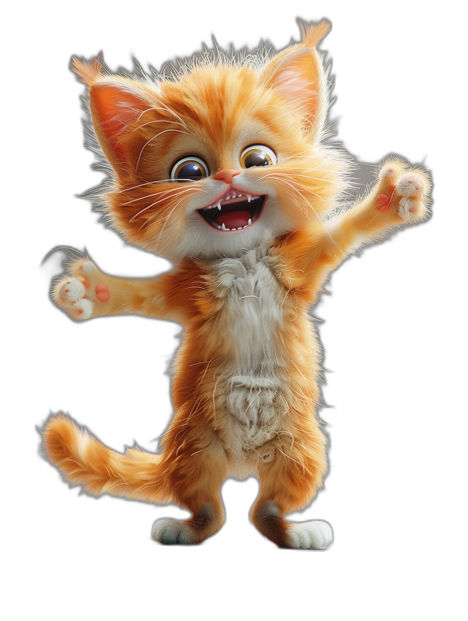 3D render of a cute, happy, smiling ginger cat dancing full-body on a black background, in the style of Disney, in the Pixar studio style, with big eyes, high resolution, hyper detailed, sharp focus, illustration, cartoon style, rendered with Octane.