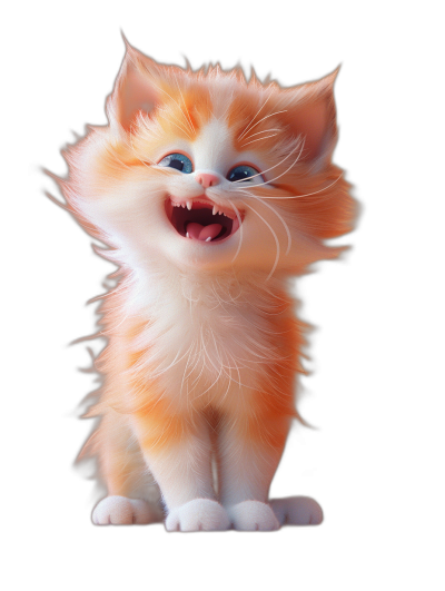 Cute orange and white kitten, smiling with teeth showing, blue eyes, fluffy hair, full body portrait on a black background, in the style of Pixar, 3D rendered, with bright colors, high saturation, natural light, soft side lighting, front view, warm atmosphere.