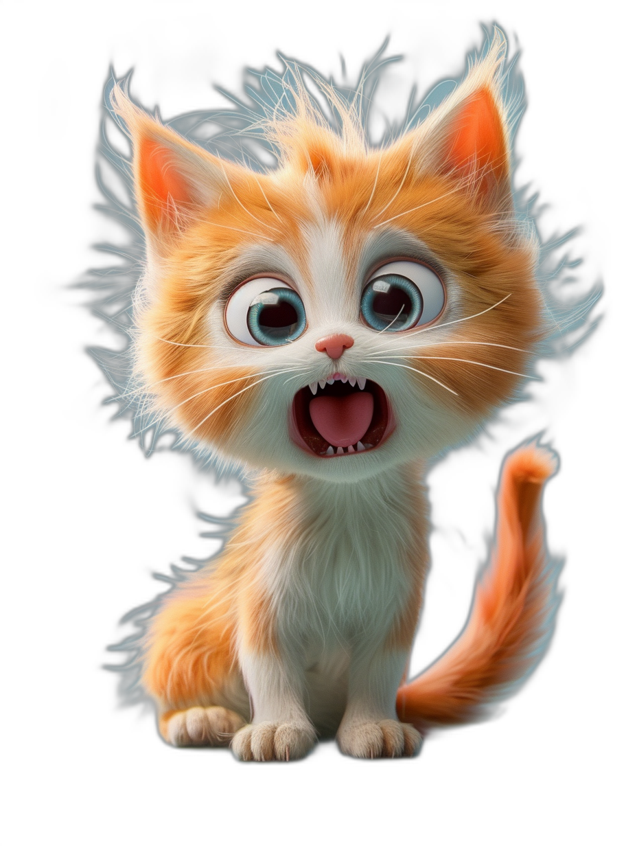 Cute cartoon cat, with big eyes and a happy expression, shown in a full body pose, on a black background, with fluffy fur, its big mouth open and tongue out, a white light effect on its face, orange hair in front of its head, in high definition and high resolution with bright colors, in the style of Pixar.