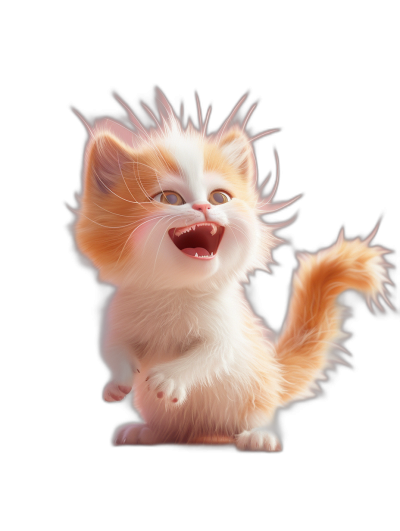 A cute happy baby cat, in the style of Pixar, 3D render, fur texture, on a black background, white and orange hair, playing with its tail, laughing with its mouth open.