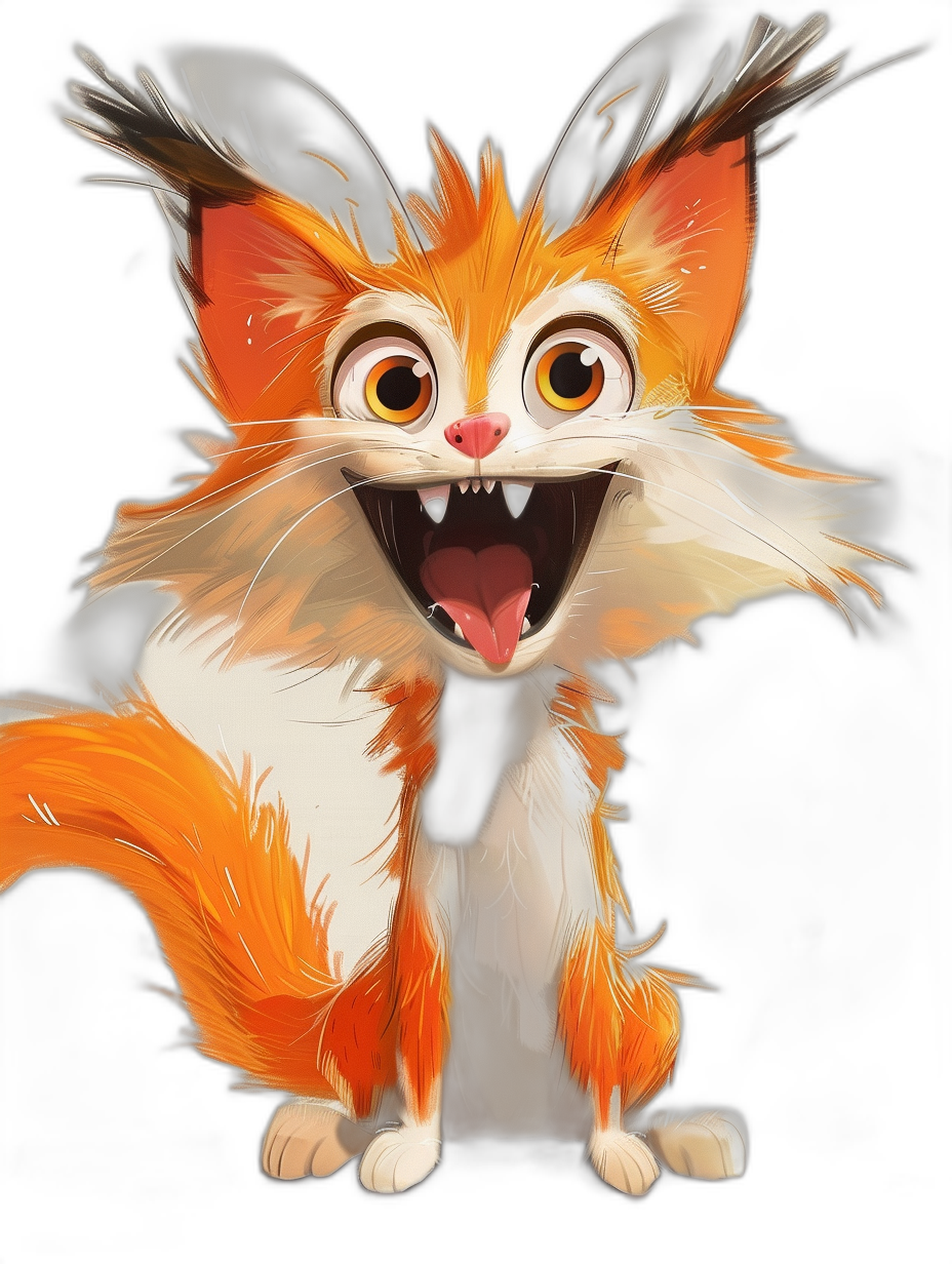 A cute orange and white cat with big eyes, smiling mouth open showing teeth, long hair on head and tail, in the style of Disney Pixar, black background, concept art in the style of [Ross Tran](https://goo.gl/search?artist%20Ross%20Tran), in the style of cartoon realism, full body shot, children’s book illustration