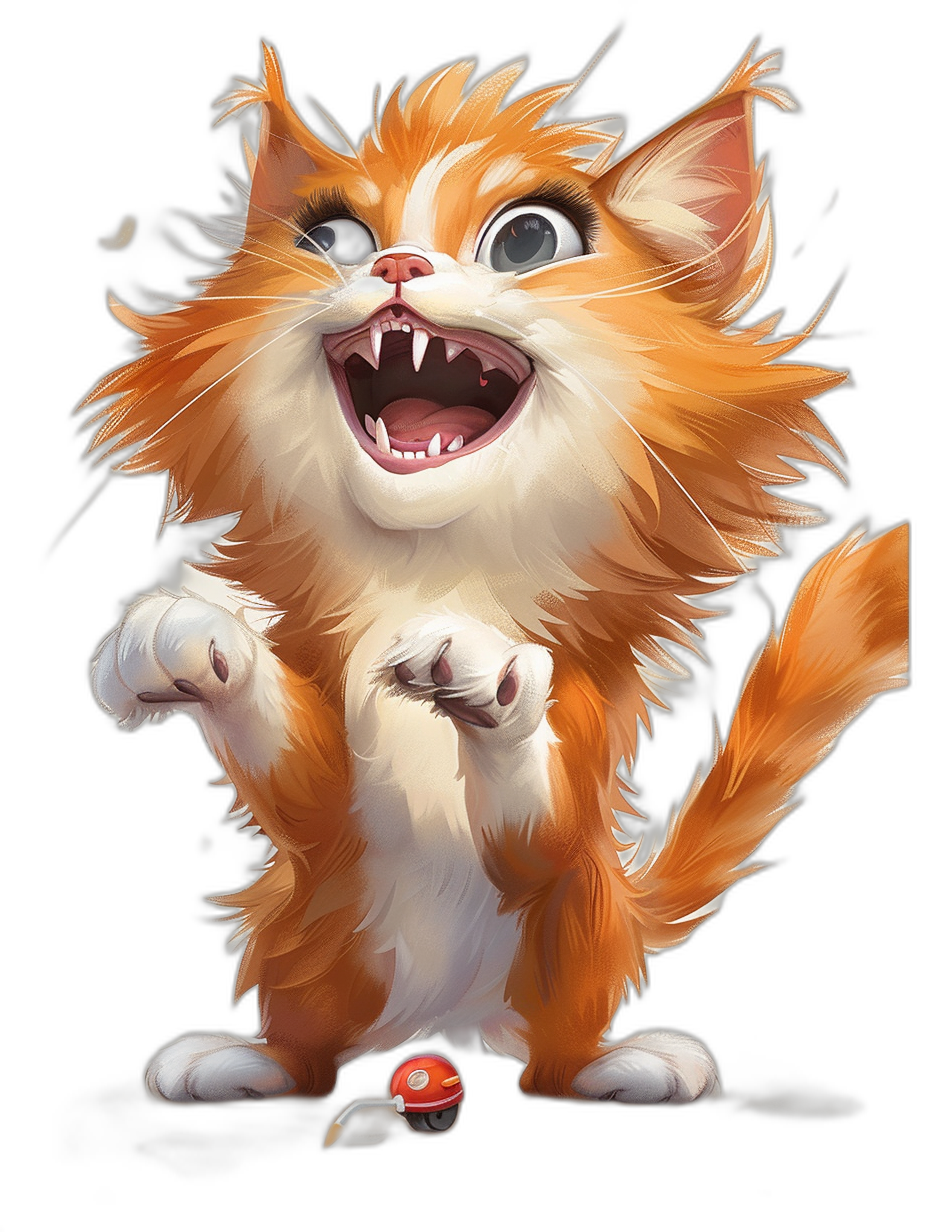 A smiling and happy realistic cartoon cat with white paws, playing with the Pokemon Go game in his hand, big fangs, full body, cartoon style, digital art in the style of Disney Pixar, black background, high resolution