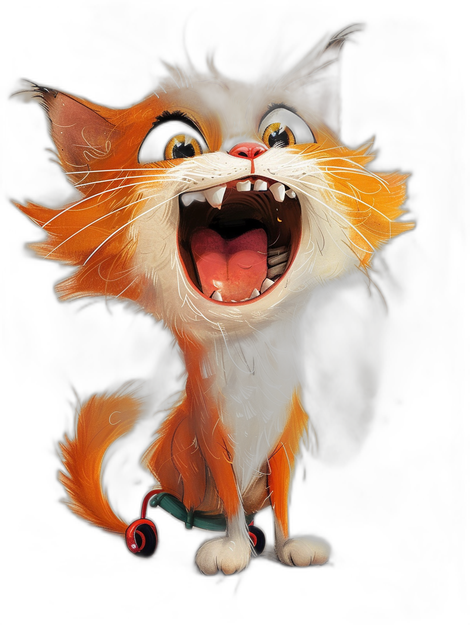 A cute happy cat with big teeth, on roller skates, detailed character illustrations on a black background, in the style of Disney and Pixar, cartoon style, oil painting, digital art