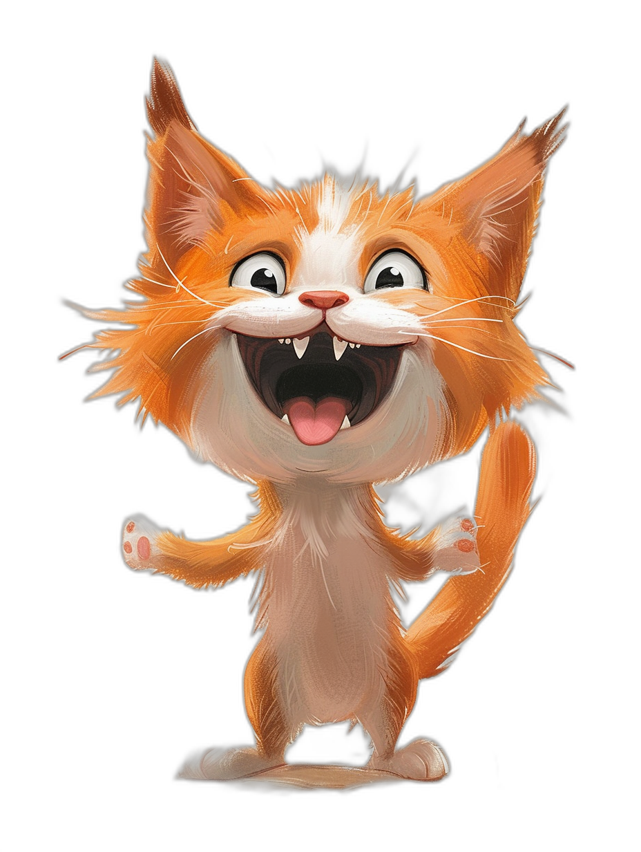 A cute happy orange and white cat cartoon character smiling with open mouth and white teeth. The full body is on a black background in a 2D game art style with playful expressions and high contrast shading. The caricature faces are in the style of those from the Disney Pixar movie Up with high resolution.