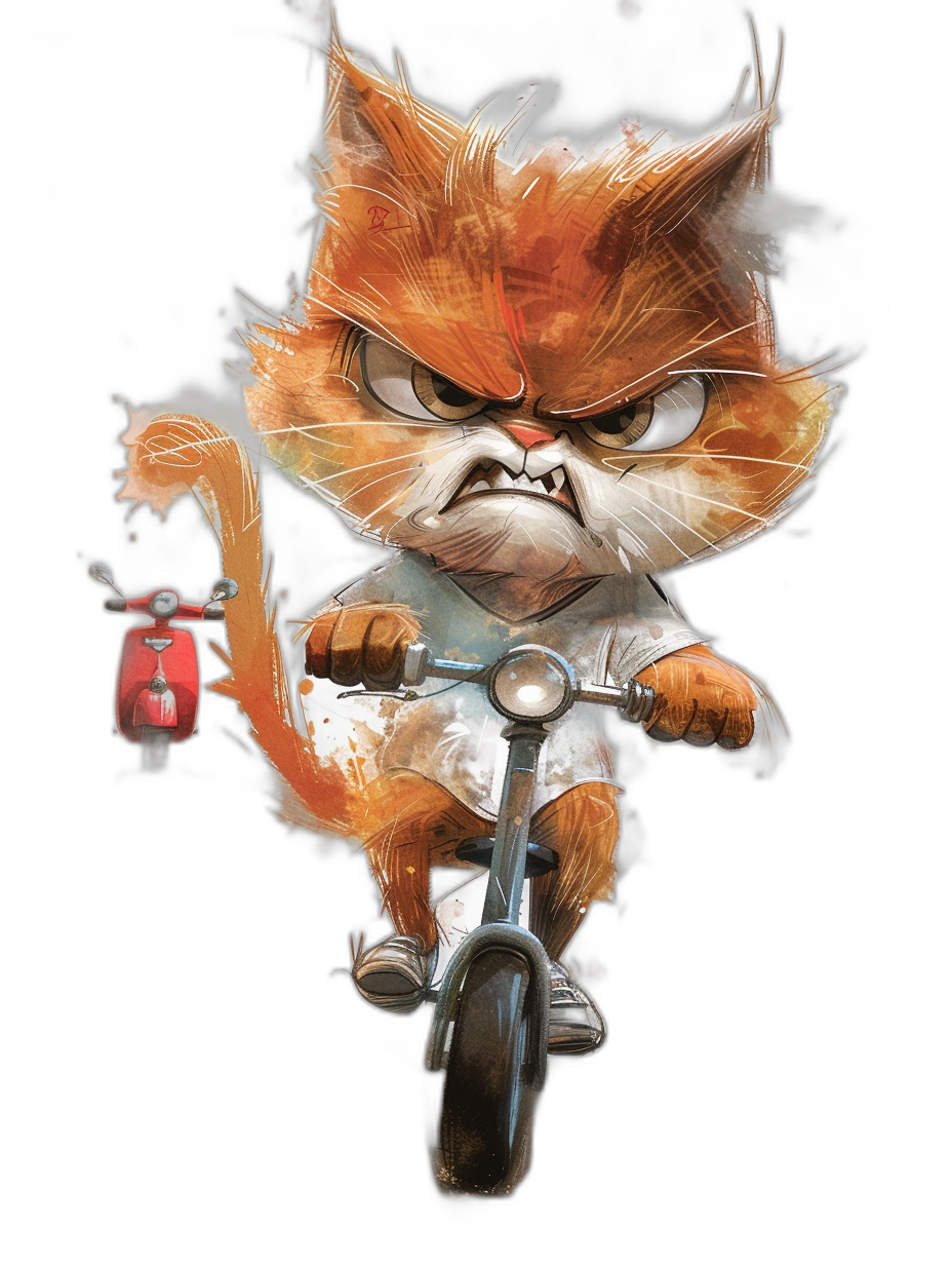 A cute orange cat character, wearing a white t-shirt and jeans, riding a red scooter with a black background, with a grumpy facial expression in a digital art style, in a full body shot, detailed, vector illustration, with a big head and small arms, character design in the style of Pixar, Disney, Zootopia, and Pixar animation.