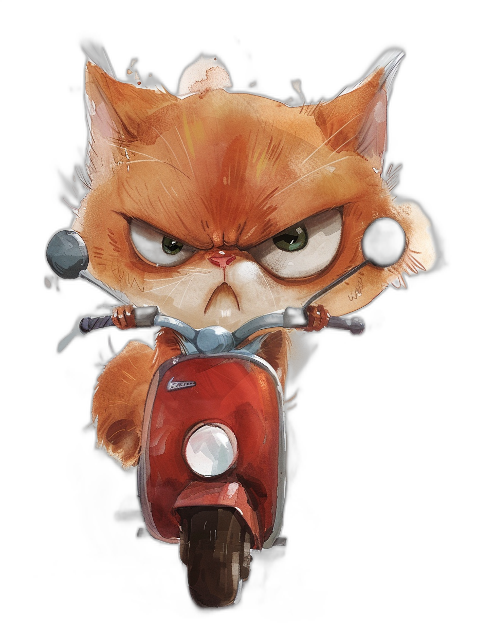 A cute grumpy cat on a red vespa, in the style of [Tiago Hoisel](https://goo.gl/search?artist%20Tiago%20Hoisel), caricature-like, playful cartoonish illustration in a vector art style on a black background