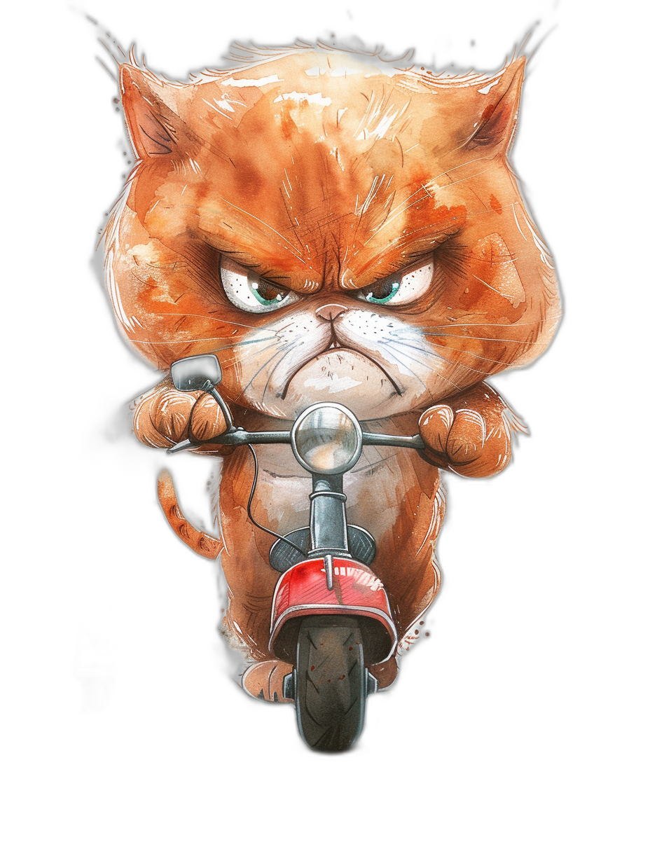 t-shirt design, angry orange cat riding on a red scooter with a black background, detailed drawing, watercolor painting, in the style of Pixar