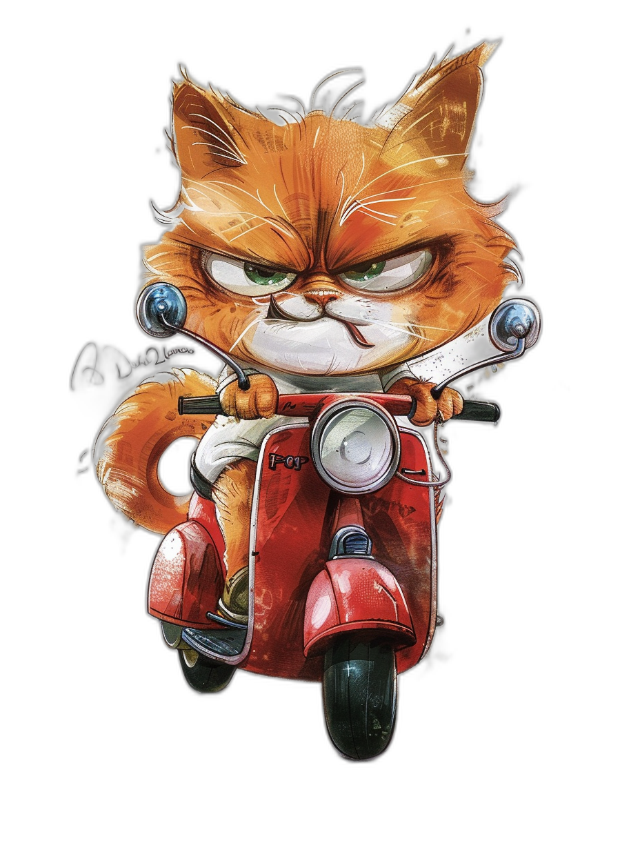 grumpy orange cat riding red vespa, cartoon style with black background, t-shirt design