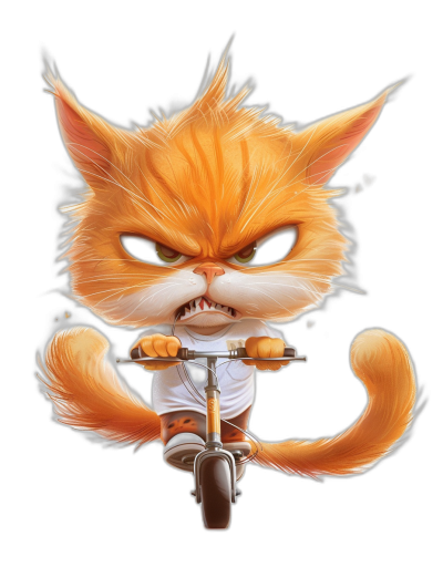 A cute orange cat wearing a white t-shirt, riding a scooter with angry eyes on a black background in the chibi style. A digital art piece in the style of Disney Pixar studio, the portrait is adorable and super detailed showing the full body in a hyper-realistic illustration style.