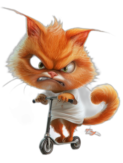 grumpy orange cat with an angry face, wearing a white t-shirt and riding a scooter, in the style of Pixar, black background, high resolution, hyper realistic cartoon