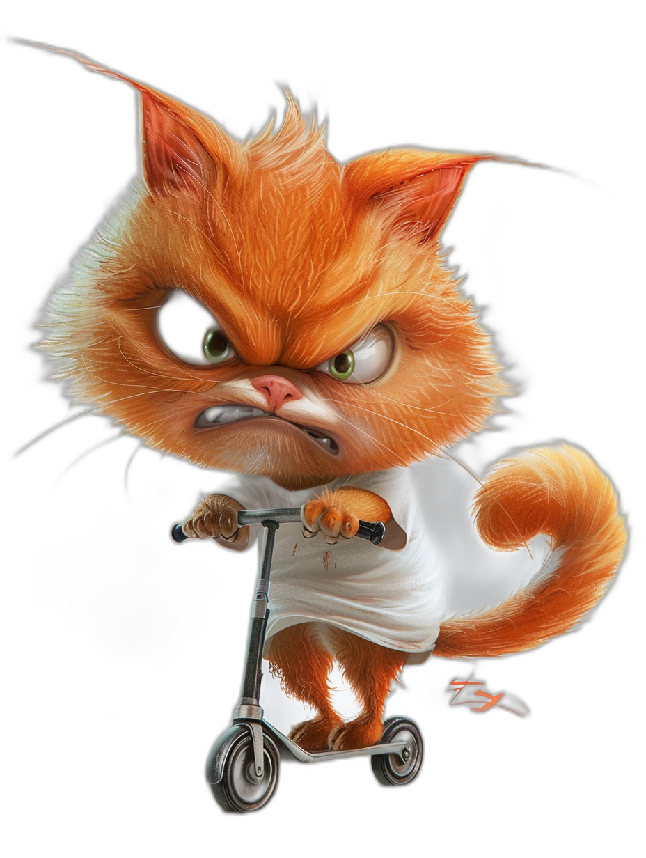 grumpy orange cat with an angry face, wearing a white t-shirt and riding a scooter, in the style of Pixar, black background, high resolution, hyper realistic cartoon