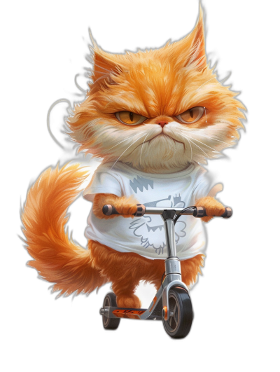 A realistic illustration of an angry ginger cat riding a scooter wearing a white t-shirt, in the cartoon style, in the style of Disney Pixar, on a black background, digital art in the style of Stanley [Artgerm](https://goo.gl/search?artist%20Artgerm) alloys, a full body portrait, character design with a shirt mockup.